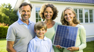 Happy looking family admiring their just installed solar panel at home