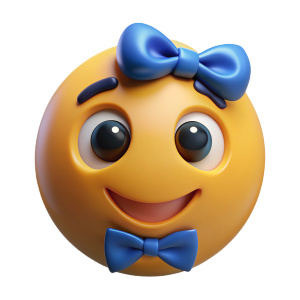 Character emoji with cute eyes and a smile white background with blue bow