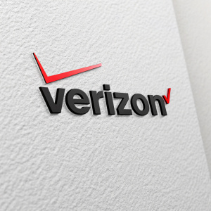 Close-up of sleek Verizon logo on a minimalist white background. Bold, modern sans-serif 'Verizon' text paired with subtle red graphic element