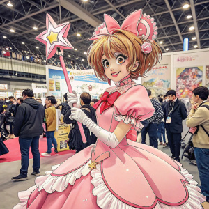 Cardcaptor Sakura's Sakura, in her iconic pink dress with ruffles and sparkling accessories. She is at a bustling anime convention. Crowded hall with fans and cosplayers