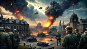 Create an animated scene showing the building blocks of World War II, with ominous clouds gathering and a clock ticking toward the inevitable outbreak of 1939.