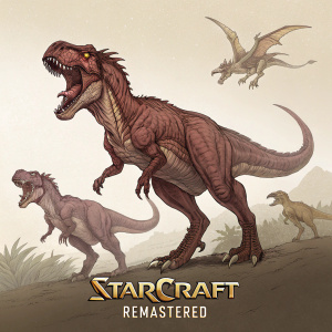 Digital concept art for StarCraft Remastered. Illustration features prehistoric beasts in dynamic poses, rendered in shades of brown and reddish-brown. Textures and musculature emphasize strength and agility. StarCraft Remastered logo at the bottom.
