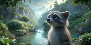 Roco es un pequeño y simpático mapache de color gris. Está mirando un caudaloso rio en la selva desde la orilla. Disney Pixar 3D. Finos detalles.