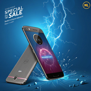 Digital ad featuring MotoZ2 Force smartphone. Sleek design. Electric-blue backdrop with shattering effect. Special sale at Flipkart.