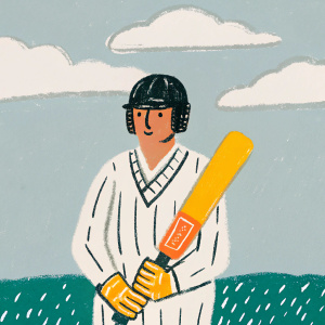 Virender Sehwag, cricket star, standing alone on a green cricket field. Focused expression, holding a cricket bat with the red Britannia label. Blue sky and white clouds in the background.