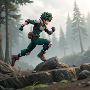 Dynamic 3D render of Deku from My Hero Academia, mid-jump from rugged terrain, showcasing athletic prowess and determination.