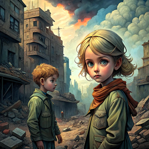 french caucasian blonde children with sad face in a city destroyed by war searching for food in the rubble