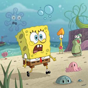 SpongeBob SquarePants, looking particularly anxious, surrounded by a bustling Bikini Bottom scene.