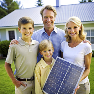 Happy looking family admiring their just installed solar panel at home