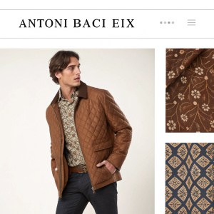Homepage for Antoni Bací Eix, featuring a model in a brown jacket from the brand. The webpage includes Spanish text and a thumbnail of the fabric pattern.