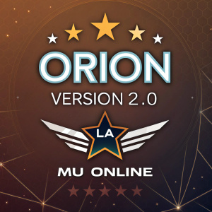 Digital artwork of Mu Online's Oriion Version 2.0 logo. Dark brown backdrop. Modern graphic design with star-like motifs and LA brand logo.
