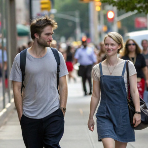 Robert Pattinson and Mia Wasikowska, dressed in casual outfits, walking down a busy city street. Pattinson in a simple t-shirt, Wasikowska in a casual dress. Crowds of people around them.