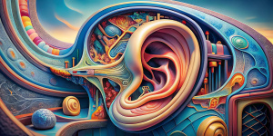 Anatomía con todas sus partes del oído humano detallada simulando una ciudad interior, estilo abstracto ,colorido, comic,  8k , full hd , 