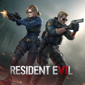 Artwork showcasing Jill Valentine and Albert Wesker from Resident Evil. Characters in dynamic action poses with detailed armor and weapons. 'Resident Evil' logo and text prominently displayed.