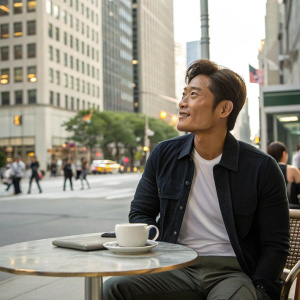 Lee Byung-Hun, Asian actor, dressed in casual outfit, at cafe. Outside urban setting, daytime