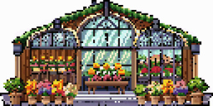 A hangar filled with flowers and boxes. It looks like a flower shop. White background