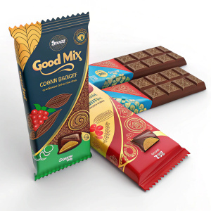 A 3D rendering of Nestle GoodMix chocolate packaging. Vibrant colors, sleek design, intricate layers and graphics