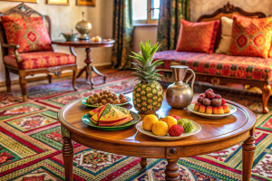 a bright room with a double bed, an armchair, a round table on which there is a tray with pineapple, peaches, watermelon, berries, a tarsher and a Turkish carpet, and on another table there is a teapot with cake and cookies