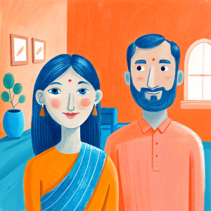 40 yo indian couple smiling in a living room