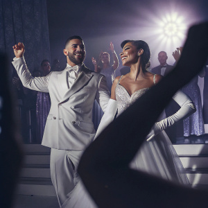 Maluma and Leslie Grace performing on stage. Maluma in white suit, Leslie in elegant white gown. Dynamic lighting and crowd in background