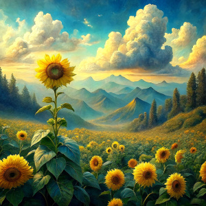 Vintage Old, Soft Colors, Oil Painting, Landscape Sunflowers, Mountains, Sky and Clouds. Photo Realistic