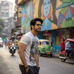 Siddharth Slathia, an Indian actor, posing in a casual outfit with graphic tee and glasses. In the bustling streets of Mumbai, standing in front of a colorful street art backdrop.
