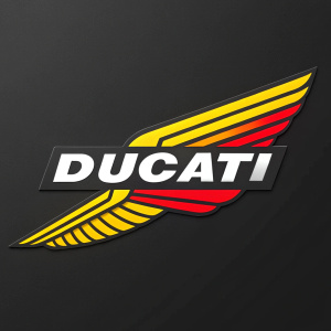 Modern Ducati logo featuring sleek wings and a bold, sans-serif font. Vibrant yellow and red hues.