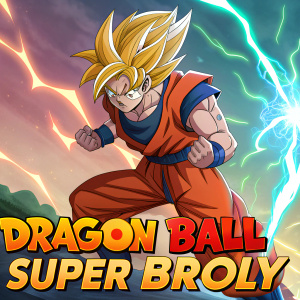 Illustration of Goku in fierce battle stance. Background filled with vibrant energy effects. Japanese and English text showcasing Dragon Ball Super: Broly title.