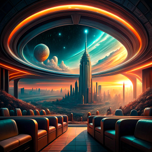 futuristic movie theater in heaven