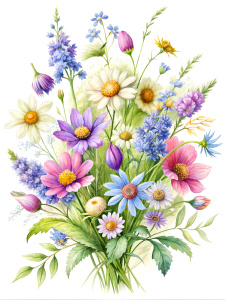 bouquet of wildflowers, daisies, bluebells, lupines