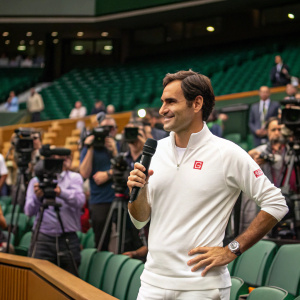 Roger Federer, standing confidently at Wimbledon's press conference, holding a microphone with the Gillette logo visible.