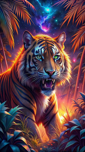 An angry tiger, ready to pounce on its prey, shoots a portrait with a Canon EOS R5 camera and an EF lens, among bushes and palm trees, against a backdrop of cosmic stars and surrounded by flames
