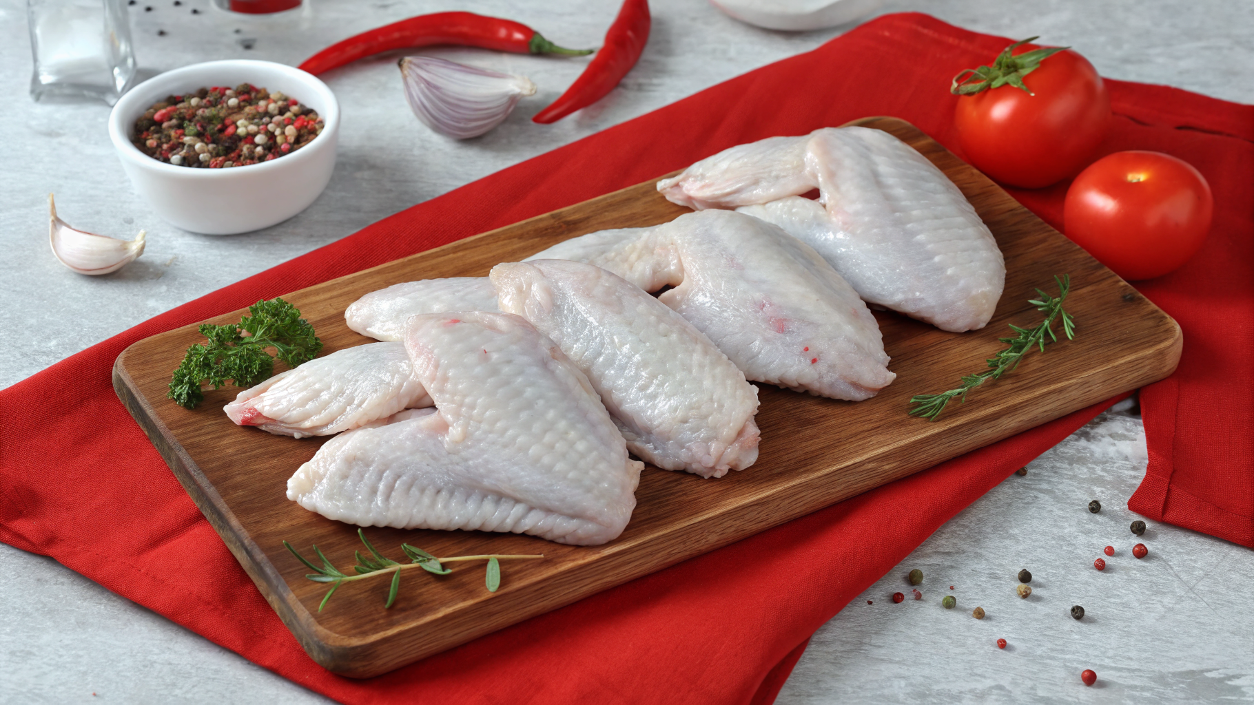 Fresh raw chicken wings on a wooden board at a butcher counter