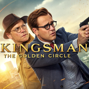 DVD cover of 'Kingsman: The Golden Circle'. Ben Mendelsohn and Taron Egerton. Bright and action-packed design.