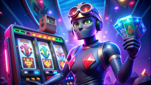 a slot machine with playing cards on it, digital art, trending on polycount, upper body 2d game avatar, neon backlit, avatar image, 3 d demo reel avatar