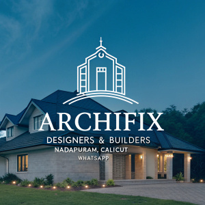 Architectural firm Archifix Designers & Builders. Located in Nadapuram, Calicut. Blue background with logo. Contact details: WhatsApp, phone number.