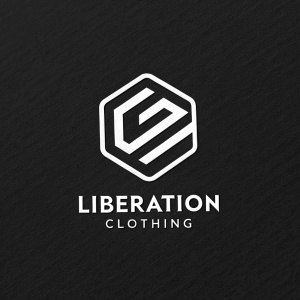 Stylized 'E' logo in white on black background. Below is 'Liberation Clothing' in bold sans-serif font. Minimalist branding for fashion line.