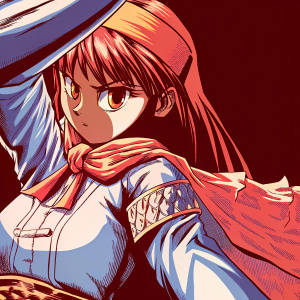 Digital illustration of Hinako Akuta from FGO, rendered in a detailed manga style. Vibrant colors, intricate details, and dynamic pose. Pencil sketch with varying line thickness