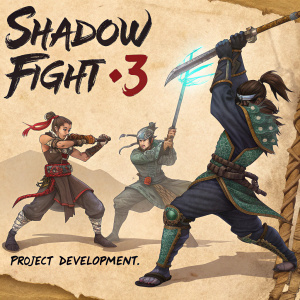 Concept art for Shadow Fight 3 featuring diverse characters in combat poses. Each character holds unique weapons. Game title and project development logos visible on aged paper background