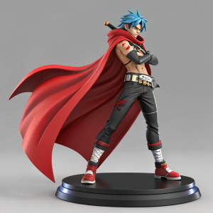 3D model of Kamina from Gurren Lagann, standing with a fierce expression. Short blue hair and a flowing red cape. Placed on a sleek black base