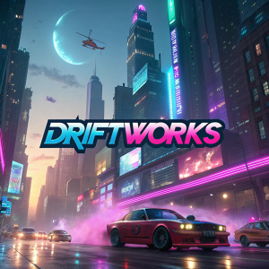 Digital artwork showcasing the DriftWorks logo in a vibrant, futuristic style. Cyberpunk cityscape backdrop.