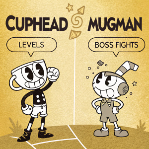 Illustration of Cuphead and Mugman from the video game. Golden backgrounds, outlines in black, text bubbles explaining game's intricate levels and boss fights.