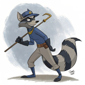 Detailed illustration of Sly Cooper from Sly Cooper series. Complex design, elegant silhouette, artistic drawing.