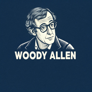 Vector illustration for Woody Allen's brand identity. Stylized graphic portrait of Woody Allen in black and white. The text 'Woody Allen' appears below in bold, white font against a dark blue background.