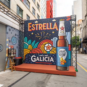 Creative ad campaign for Estrella Galicia beer. Vibrant color palette, bold fonts, and stylized graphics. Urban street art scene backdrop