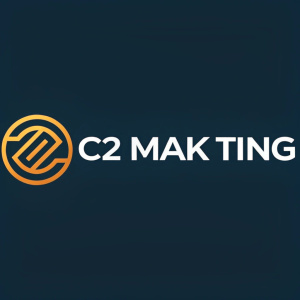 Creative logo design for C2 Mark Eting. Abstract symbol combined with the brand name in sleek font.