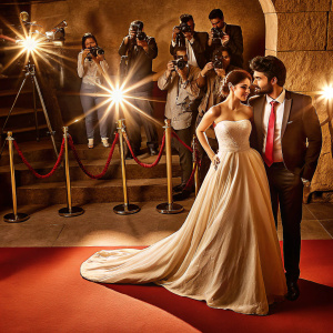 Arjun Kapoor and Alia Bhatt at the premiere of their latest film. Arjun in a black suit with red tie. Alia in a flowing white gown. The scene is a bustling red carpet with flashing cameras.
