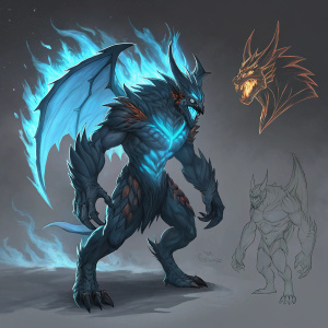 Fantasy creature concept art from Arena of Valor, featuring detailed sketches, full-color version with fiery blue energy, and silhouette. The creature has a muscular build, sharp claws, and a menacing appearance.