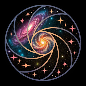Digital illustration of Asteria logo, a galaxy with swirling cosmic elements. Black background