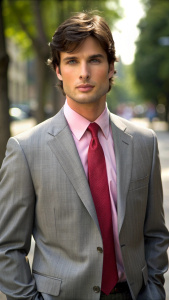 retrato realista de Tom Welling como Clark Kent da série smallville, usando um terno cinza, camisa salmão por baixo e uma gravata vermelha, ele esta no meio de uma avenida, de frente, expressão sério, de meio corpo